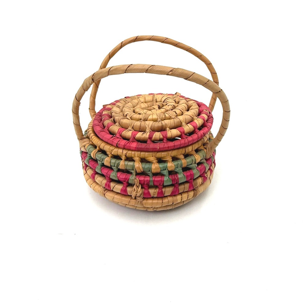 Vintage Small Round Woven Pine Needle Trinket Basket with Lid and Handles Boho